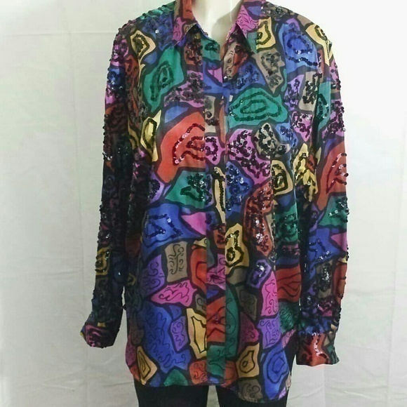 Oleg Cassini Tops - Vintage Oleg Cassini Abstract Sequins Shirt